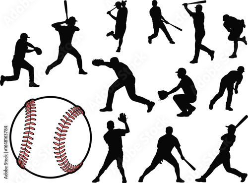 Baseball player silhouette vector set, including pitcher, batter, catcher, fielder, and ball illustrations, perfect for sports designs, logos, or posters