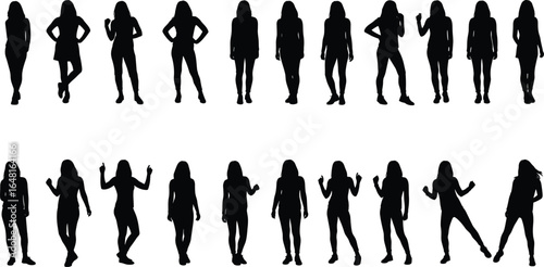 Vector silhouettes of young women in casual standing and dancing poses, full body female outlines for design, animation, and illustration content