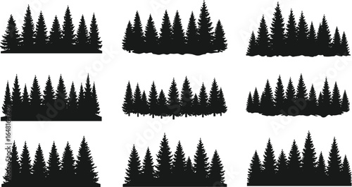 Set of pine tree silhouette vector illustrations, evergreen forest clipart, coniferous tree line graphics, black and white landscape nature elements pack