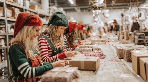 A group of people dressed as festive elves are busy wrapping gifts in a workshop, surrounded by holiday decorations and packages.