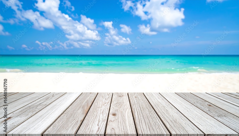 Fototapeta premium Empty wooden deck overlooking a tropical beach (1)