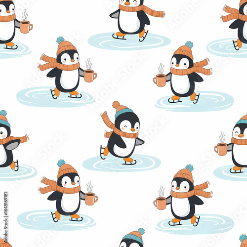 Winter penguin skater pattern: A cute pattern of winter penguin skating with hot drink in winter and hat and scarf creating an adorable scene in snow. 
