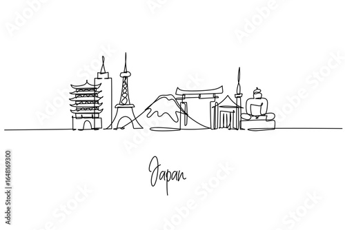 Japan country skyline single line drawing featuring Mount Fuji, torii gate, Tokyo Tower and pagodas. National theme, cityscape subject created for travel prints, souvenirs, branding and decor.