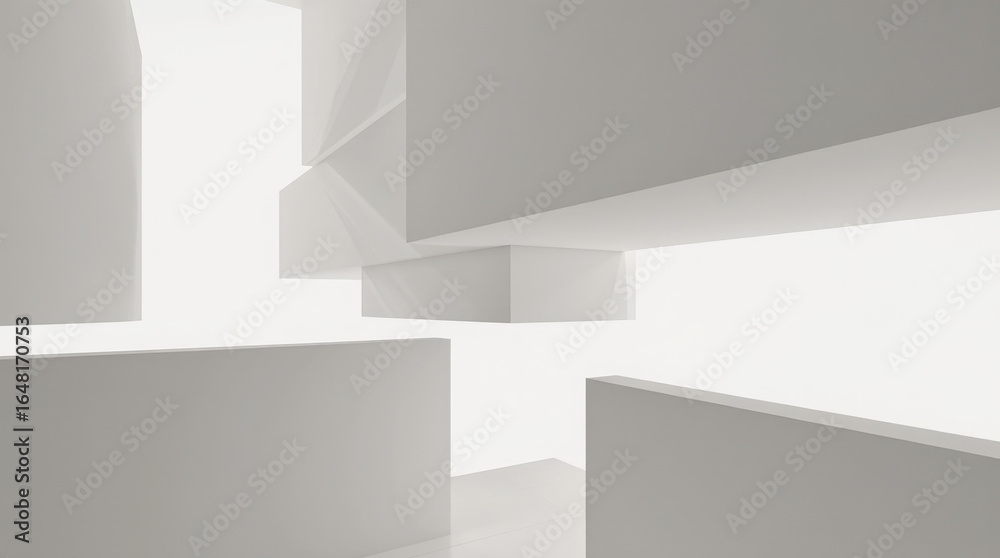 Fototapeta premium Generative AI Abstract White Architectural Geometry Geometric Architecture Modern Minimalist Shape Cube Building Wall Light Shadow Structure Empty Space - Perfect For Your Project