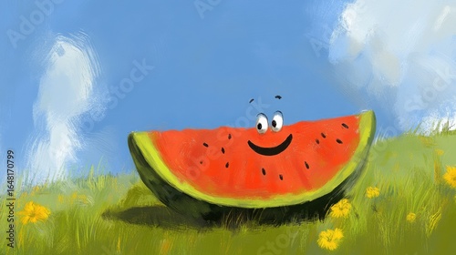 Whimsical Watermelon Character in Sunny Landscape