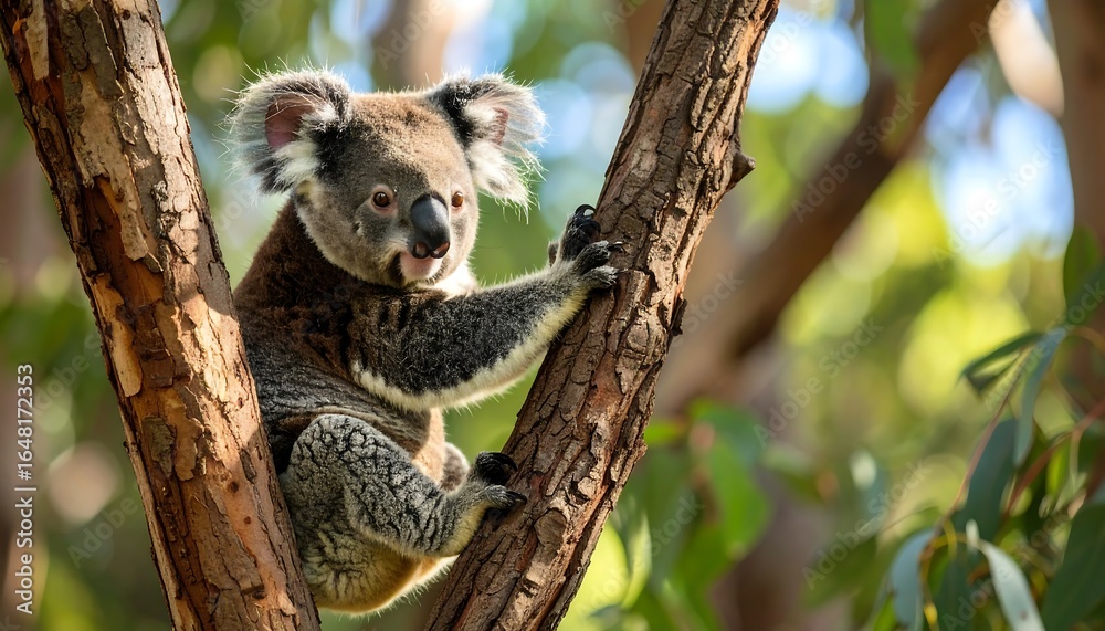 Obraz premium Koala climbing a tree in a eucalyptus forest during daylight