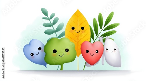 Colorful cartoon illustration representing five elements of traditional Chinese medicine through smiling organs, symbolizing harmony, balance, and holistic health in a friendly and educational way