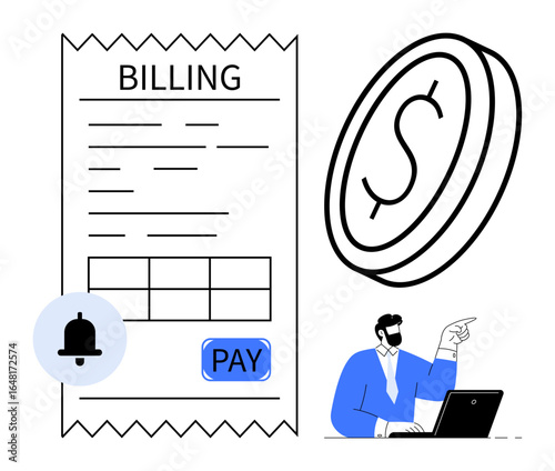 Invoice with Pay button, coin, reminder icon, and businessman working at desk. Ideal for finance, billing, payment, accounting invoicing business solutions financial management. Simple flat