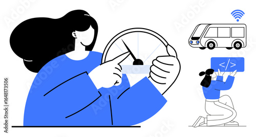 Woman adjusting speed gauge, a bus with wireless signal, and a programmer debugging code. Ideal for technology, smart transportation, digital innovation, coding, mobility, IoT simple landing page