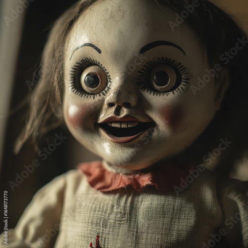 Antique doll with wide eyes and an open mouth, creepy and unsettling. Old-fashioned craftsmanship meets a spooky aesthetic.