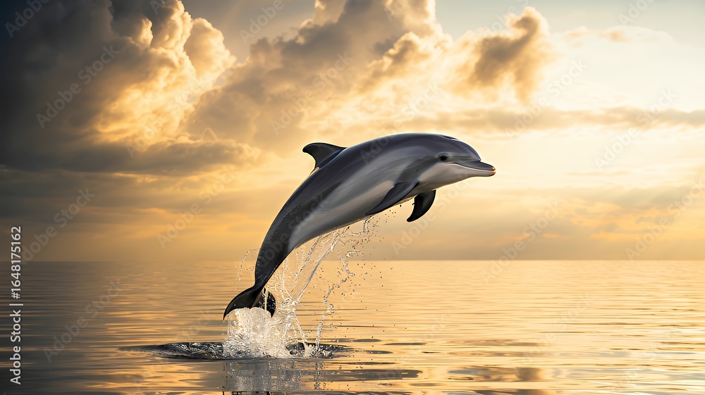 Obraz premium A dolphin leaps gracefully out of the water at sunset.