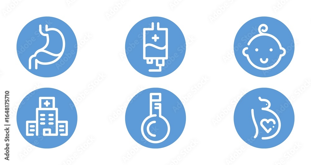 Medical icons for healthcare: a stomach, an IV bag, a baby, a hospital, a test tube, and a pregnant woman. Medical icons for healthcare: a stomach, an IV bag, a baby, a hospital, a test tube, and a pregnant woman.