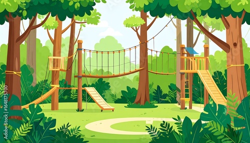 Colorful children's playground in a lush forest.  A vibrant outdoor play area