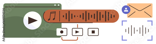 Audio waveform, video player, music note, playback buttons, envelope with user icon emphasizing content creation, sharing, and media file management. Ideal for technology, communication multimedia