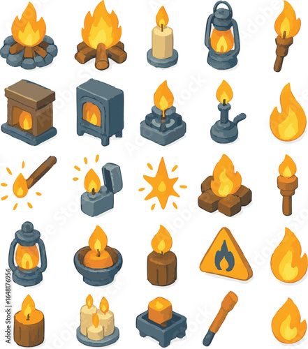 A collection of various fire-related icons, including campfires, candles, lanterns, torches, and stoves, presented in a clean, isometric style.
