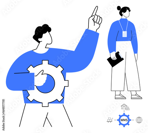 Two teammates discussing processes, one holding a gear, other with documents. Ideal for teamwork, management, logistics, warehouse, collaboration, innovation business clarity simple flat metaphor