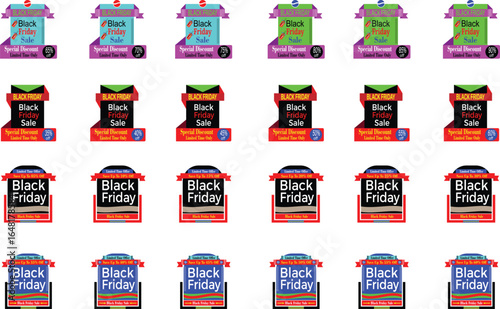Black Friday sale label and banner collection with bold discount typography and colorful design variations for seasonal e-commerce marketing campaigns