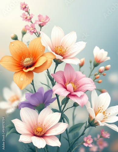 A bouquet of colorful, detailed flowers in pastel hues.