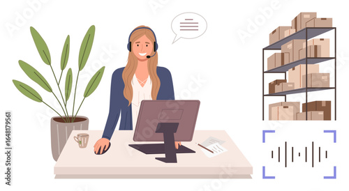 Woman with headset at desk using a computer, speech bubble, warehouse shelves, document, plant. Ideal for e-commerce, logistics, support communication organization management remote work. Simple