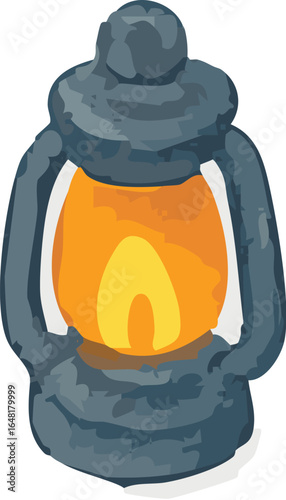 A vintage kerosene lantern with a glowing orange flame inside, depicted in a watercolor style.
