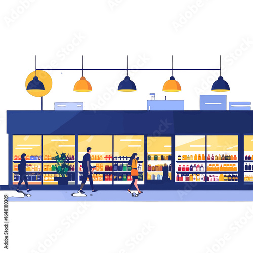 Storefront with People Walking By and Displayed Products