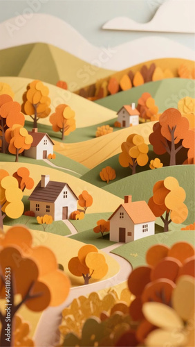 Paper art autumn countryside with small cottages, rolling hills, and orange-yellow trees, layered paper style, warm color palette, soft shadows