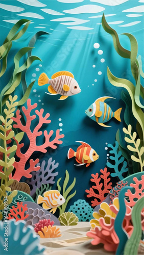 Whimsical paper art underwater world with coral reefs, tropical fish, and seaweed, layered cut paper style, vibrant colors, realistic lighting, high detail