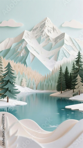 Intricate layered paper art landscape of snow-capped mountains, pine forests, and a calm lake, soft pastel tones, realistic paper texture, high detail, 8k resolution