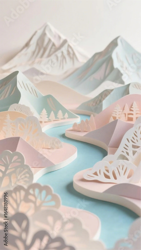 Intricate paper art landscape of mountains and rivers, layered paper cut style, soft pastel colors, delicate shadows, handcrafted look, high detail