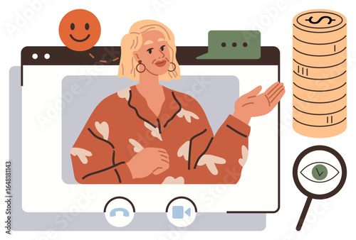 Woman speaking on video call, chat bubble, happy face, magnifying glass, and stacked coins. Ideal for remote work, communication, digital economy, e-learning teamwork consulting online growth