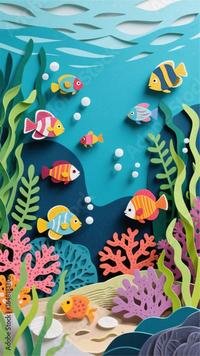 Paper art illustration of an underwater world, with colorful fish, coral reefs, and seaweed, layered cut paper style, vibrant and textured
