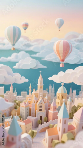 Whimsical paper art hot air balloons floating over a fantasy city, layered clouds, soft gradient skies, handcrafted paper texture