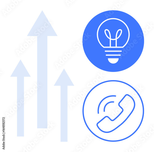 Three upward-facing arrows, blue lightbulb for ideas, phone icon for communication. Ideal for innovation, growth, business, creativity, technology, collaboration simple landing page