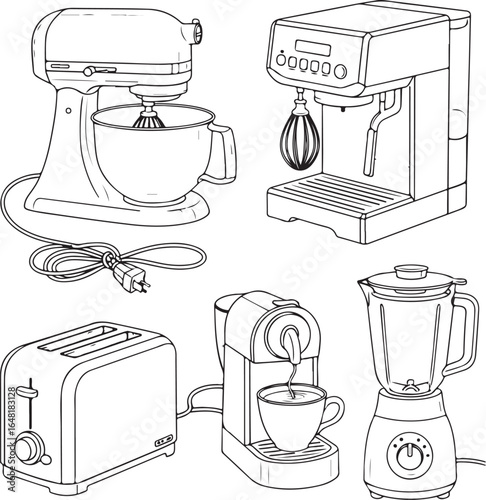 Black and white kitchen appliances illustration, vector line art design