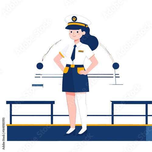 Cartoon Woman in Ship Captain Uniform on Deck