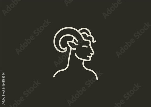Photos A whimsical minimalist logo of a faun satyr in line art style, blending myth and nature with clean design