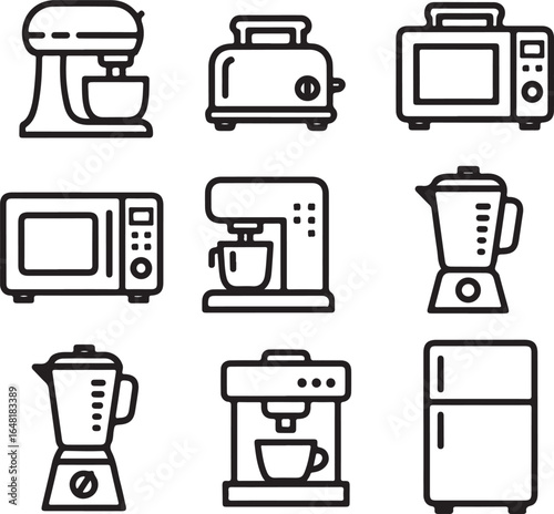 Kitchen appliances line drawing, mixer, toaster, oven, microwave, blender, refrigerator, coffee machine illustration