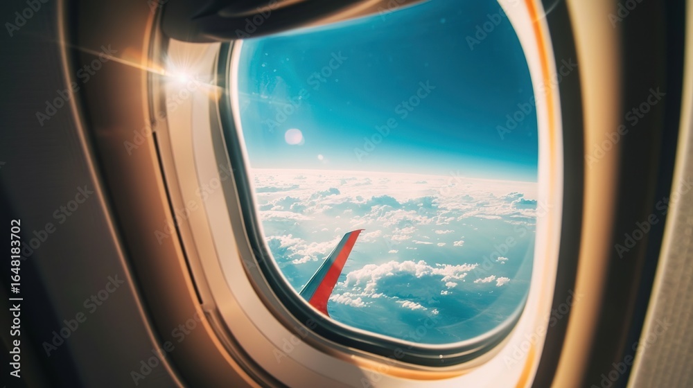 Naklejka premium Captivating Aircraft Windows: Frames of Sky, Clouds, and Landscape Views from Commercial Jets, Featuring Oval Designs, Plexiglass Panes, and In-Flight Perspectives, Ideal for Travel Photography, Aviat