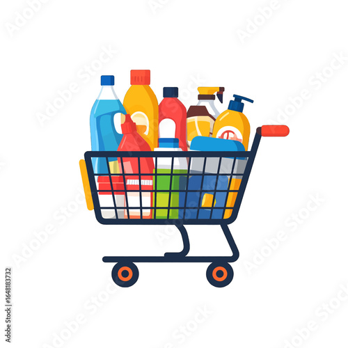 Shopping Cart Full of Colorful Cleaning Supplies