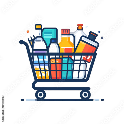 Shopping Cart Filled with Colorful Groceries and Household Items