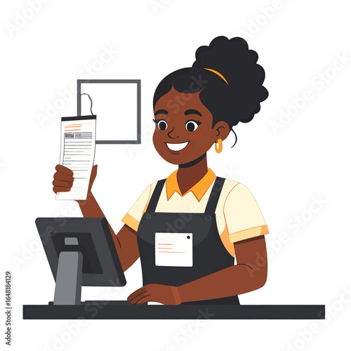 Smiling African American Waitress Holding Order Pad at Counter