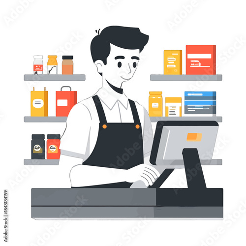 Cartoon Man Working at a Store Checkout Counter with Shelves