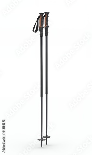 Pair of alpine ski poles with black aluminum shafts and snow baskets standing upright on white background for winter sports retail display