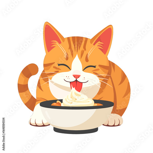 Happy Orange Tabby Cat Eating Creamy Food from Bowl