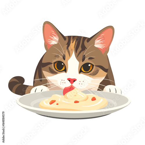 Tabby Cat Licking Creamy Food on Plate