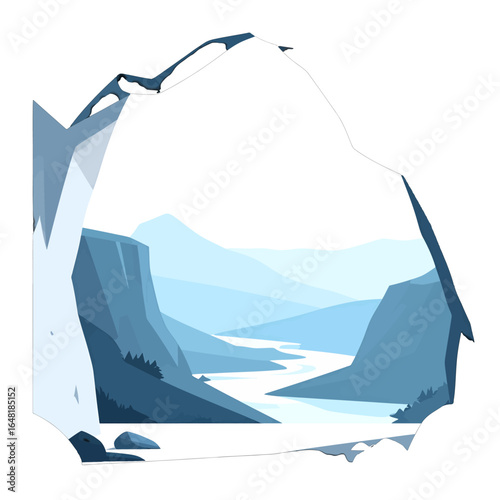 Stylized Mountain Landscape with River and Waterfall Illustration