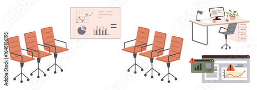 Office chairs arranged for a meeting, charts on a board, a desk with a computer, and software error warning icons. Ideal for teamwork, strategy, workplace, analytics, planning troubleshooting