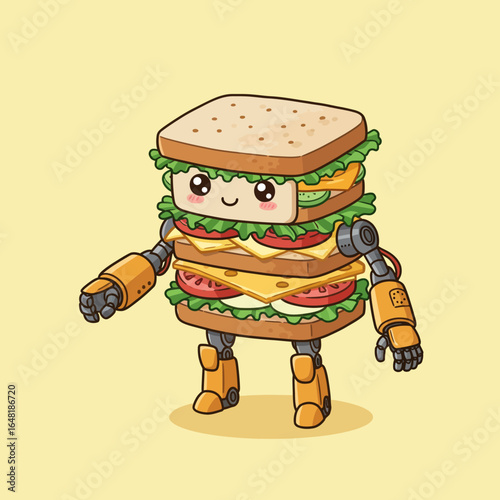 Cute Mecha Food Character A Delightful Robotic Sandwich Illustration for All Ages!
