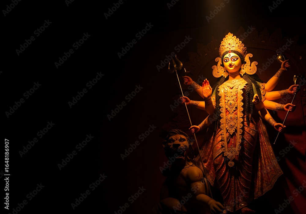 Fototapeta premium Intensely lit Hindu goddess Durga statue, captivating detail. Generative Ai