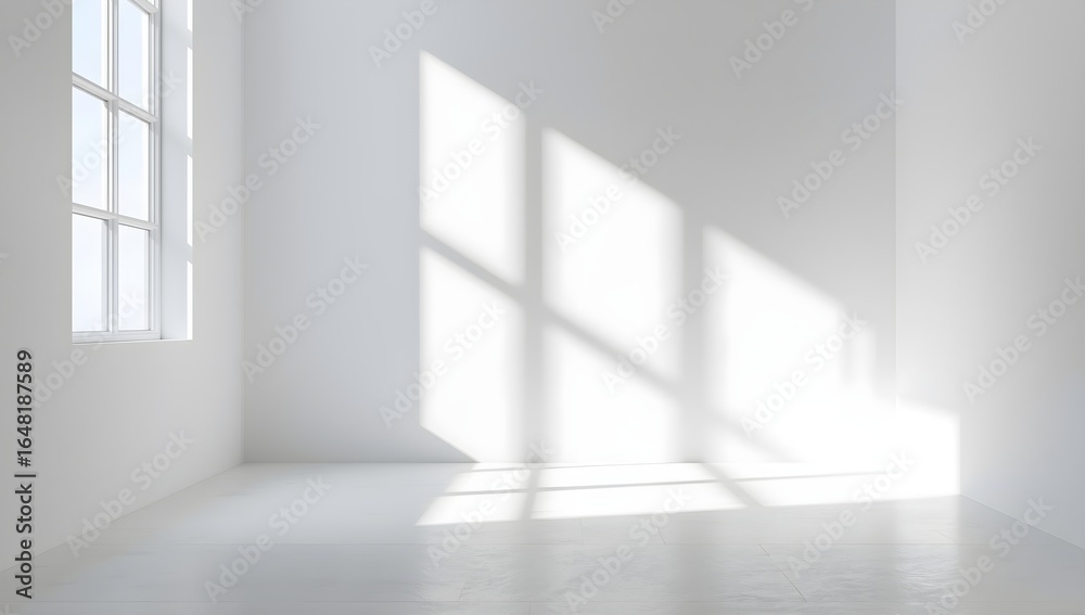 Fototapeta premium Brightly lit empty white room with geometric sunlight patterns cast by a large window creating a clean and minimalist aesthetic